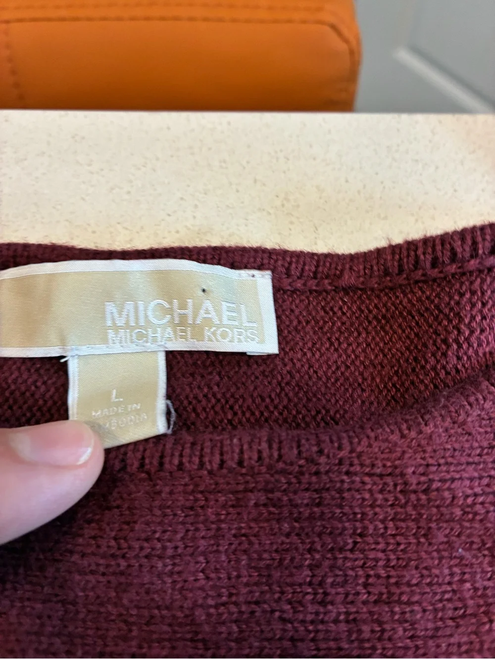 Michael Kors Womens Burgundy Knit Crewneck Pullover Sweater Logo Zip Accent L